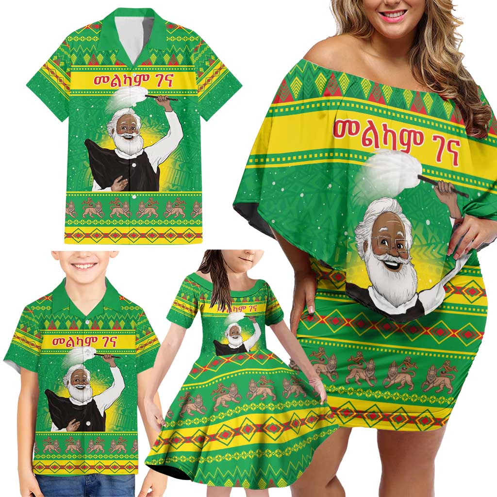 Ethiopia Christmas Family Matching Off Shoulder Short Dress and Hawaiian Shirt Melkam Gena Yegena Abat