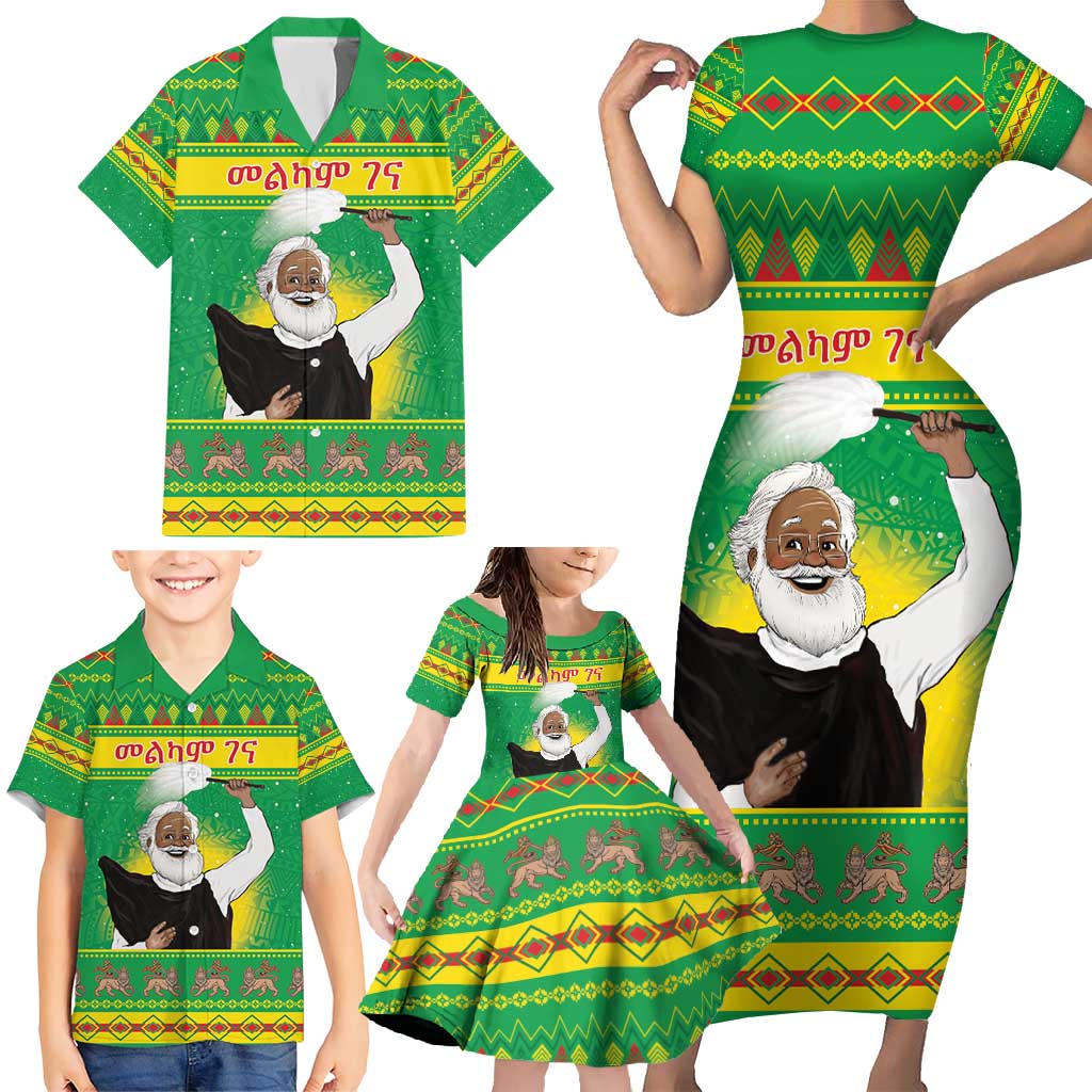 Ethiopia Christmas Family Matching Short Sleeve Bodycon Dress and Hawaiian Shirt Melkam Gena Yegena Abat