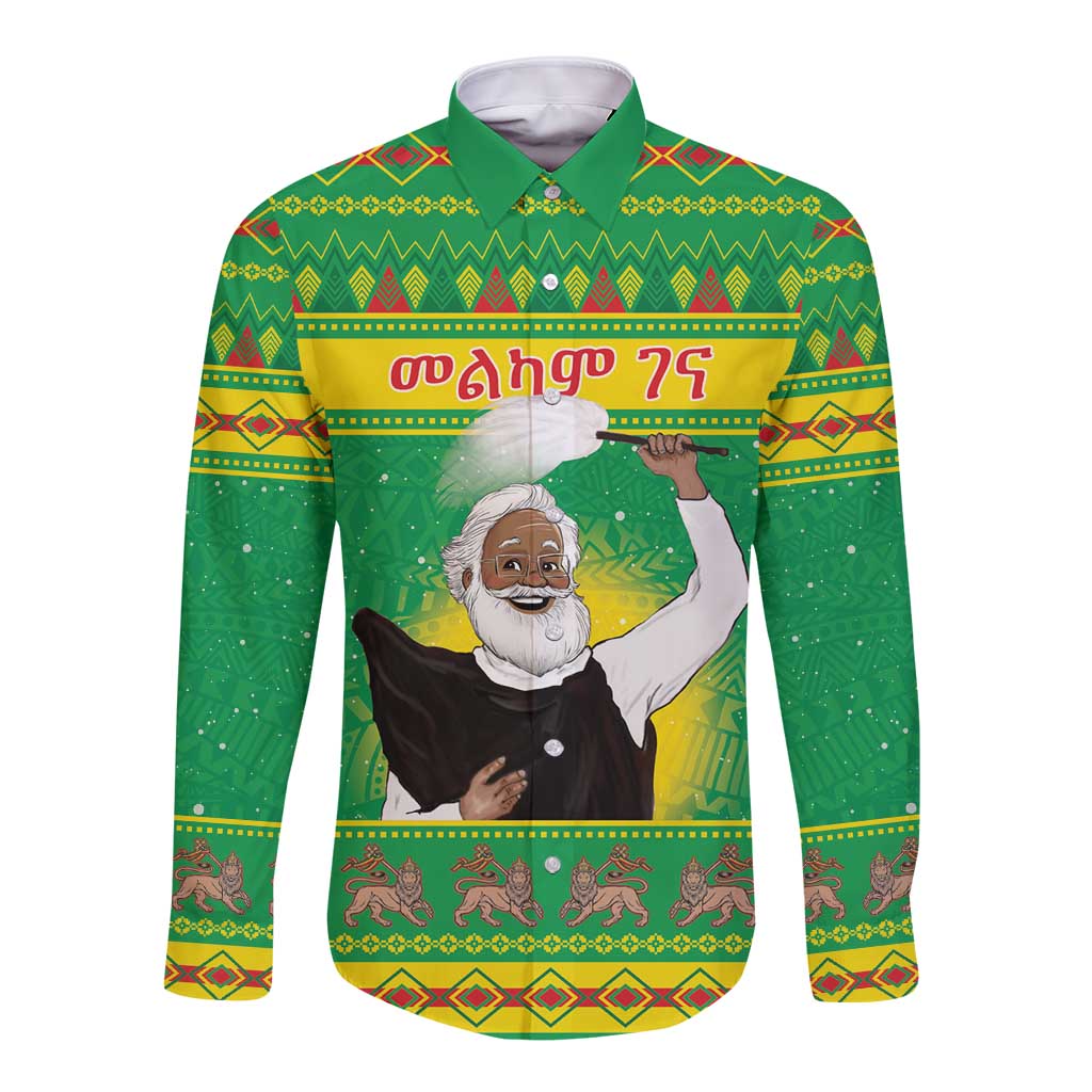 Unisex hooded long-sleeve button shirt, green with festive Ethiopian graphic print