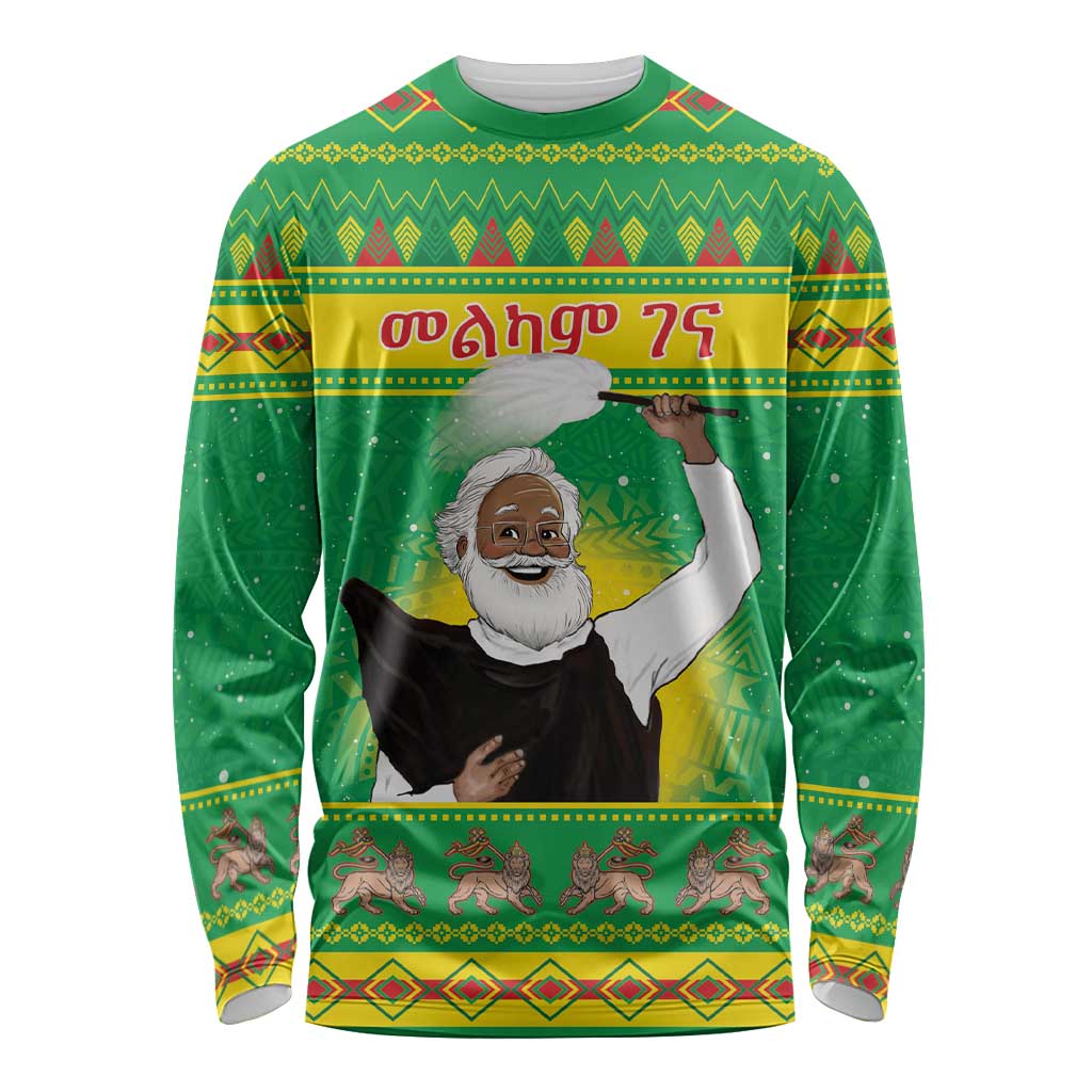 Green long-sleeve shirt with festive border, front graphic of Ethiopian man