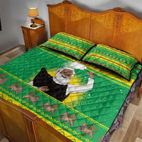Green quilt bed set on wooden bed: portrait print, yellow binding, repeating horse motif border