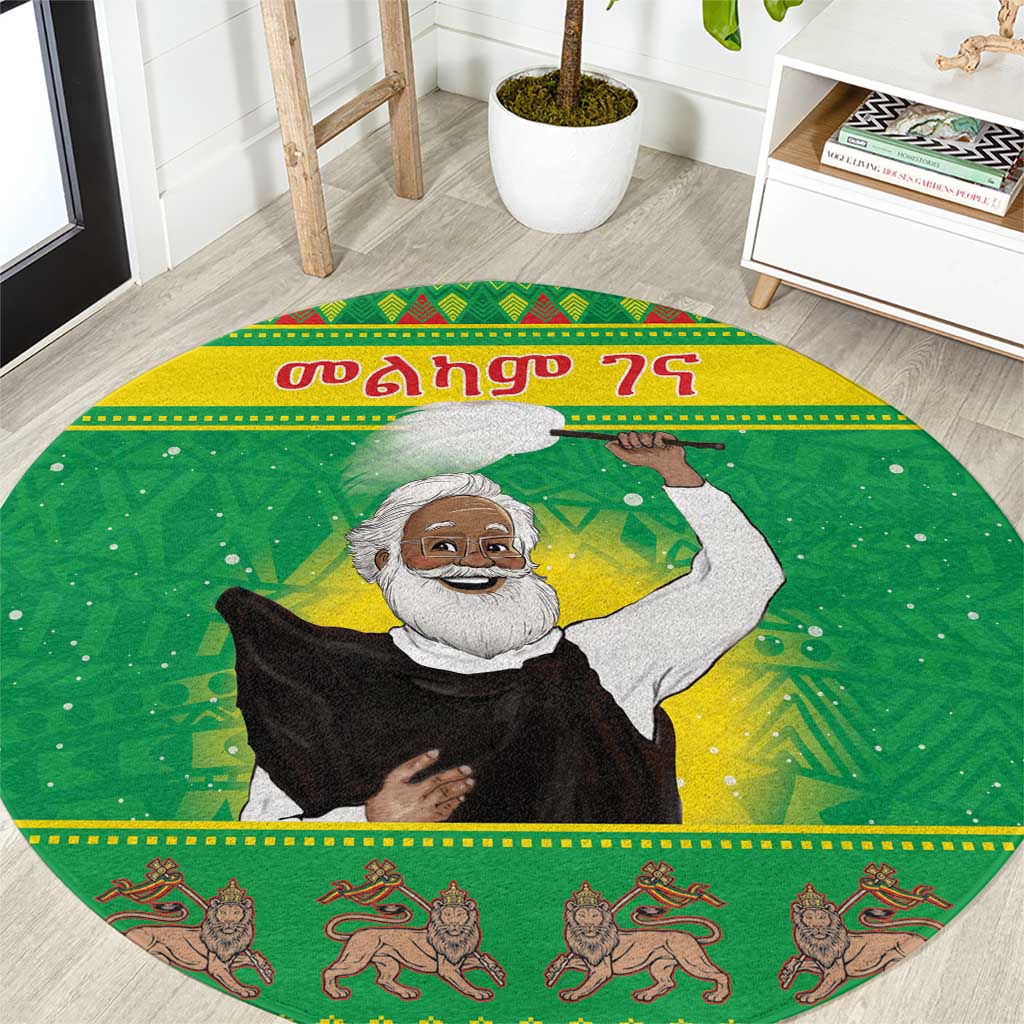 Green round festive carpet with central nativity figure and patterned border
