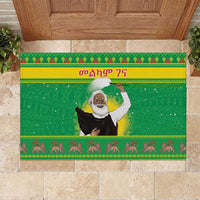 Green rubber Christmas doormat with Santa-style figure and decorative patterned border
