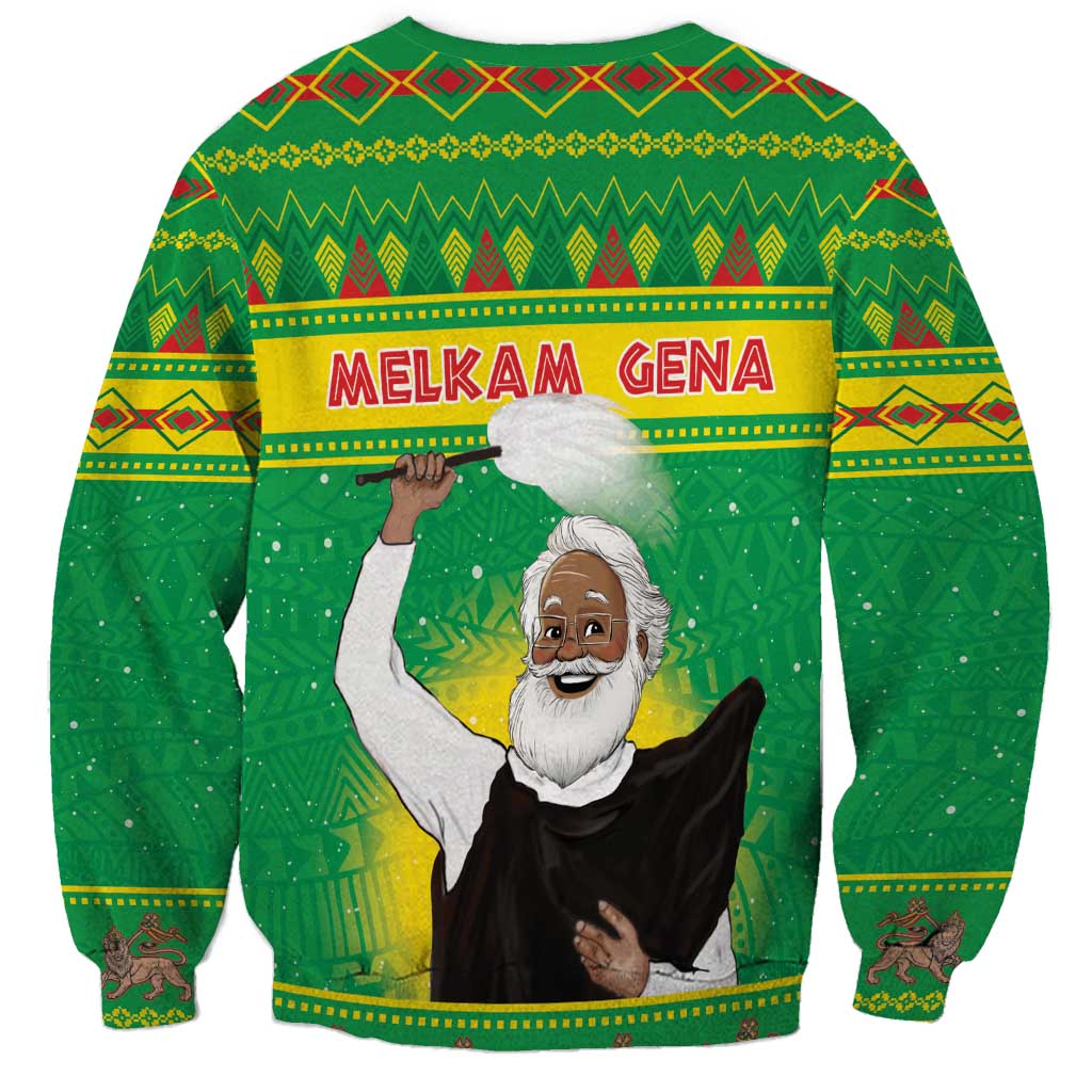 Unisex green Christmas sweatshirt with MELKAM GENA text and raised-arm saint graphic