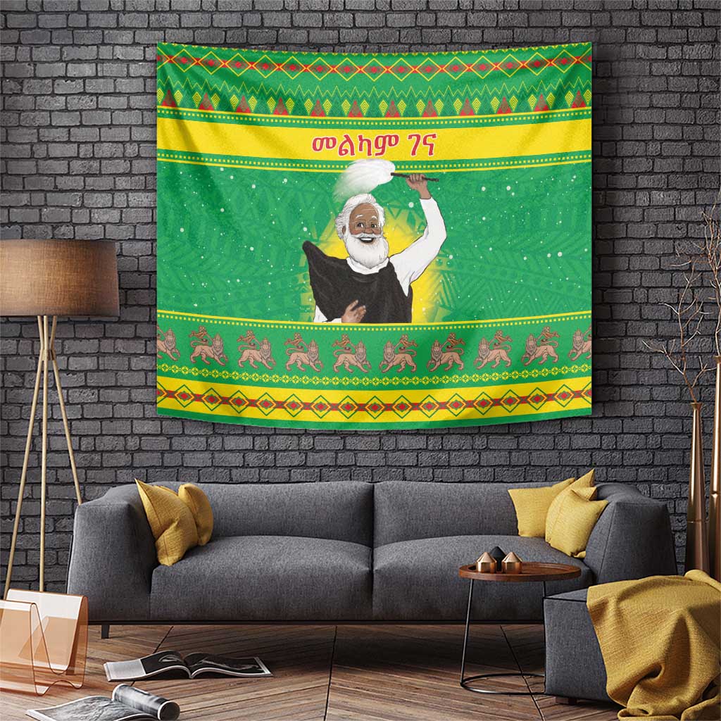 Green Christmas wall tapestry with Ethiopian border and priest figure