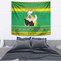 Green Christmas wall tapestry with Ethiopian priest figure and patterned bottom border
