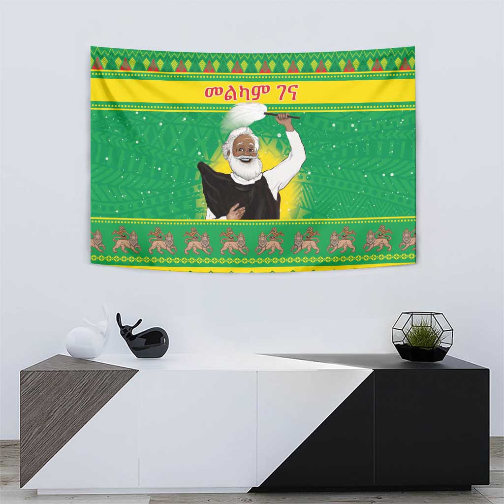 Green Christmas wall tapestry featuring Ethiopian priest figure with festive band
