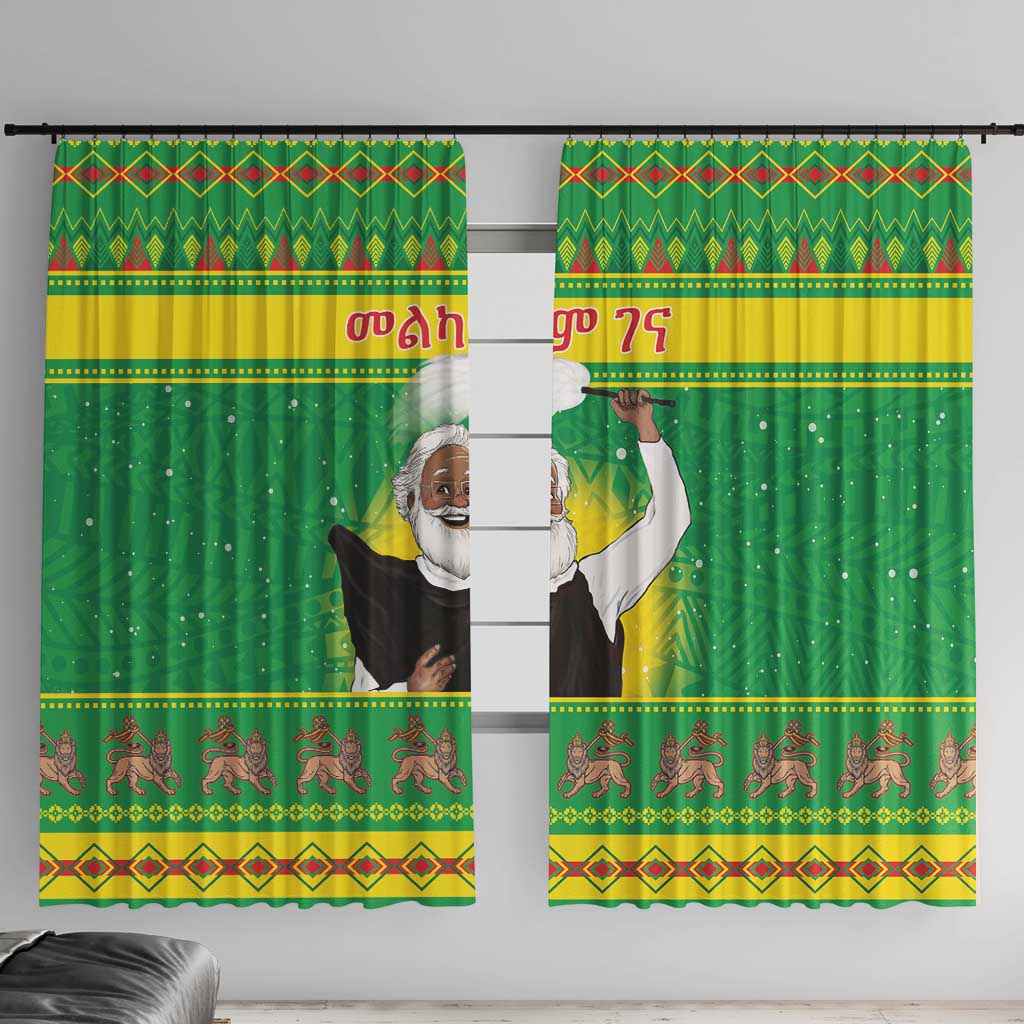 Two green curtains side by side with red diamond top band and striped bottom border