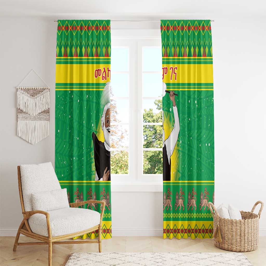 Green window curtains with bearded figure print and repeating animal motif at bottom