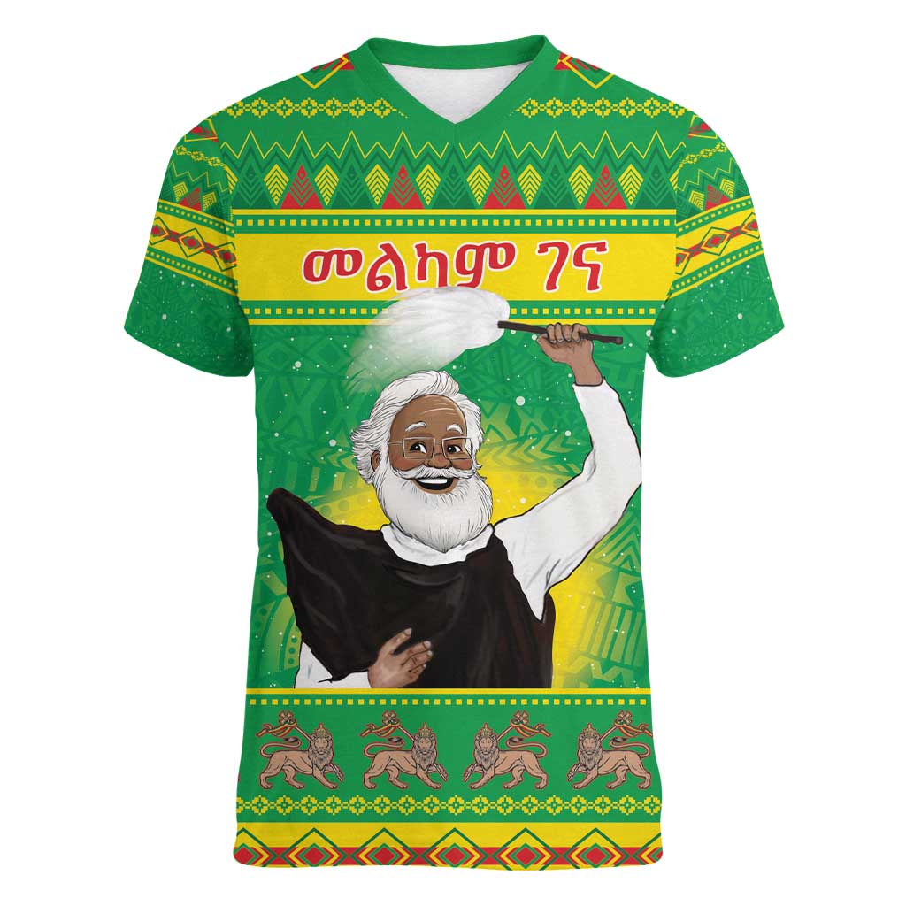 Ethiopia Christmas Women V-Neck T-Shirt Melkam Gena Yegena Abat