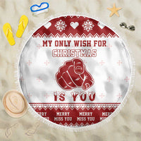 Round Christmas beach blanket in white with red text and fringe edge, 150cm