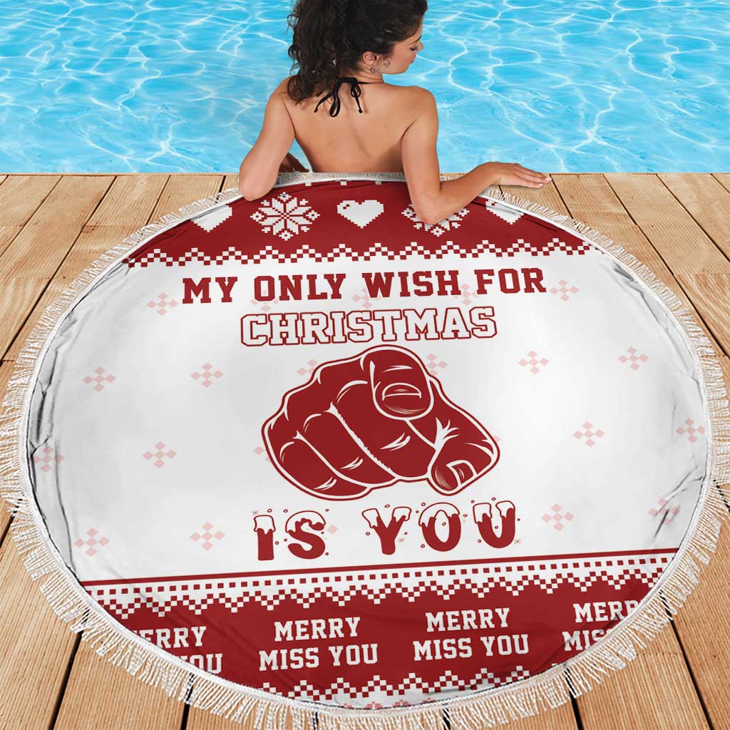 Round Christmas beach blanket in white with red Christmas message graphic, fringe edge, 150cm