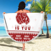 Round Christmas beach blanket in white with large red dog graphic and fringe, 150cm