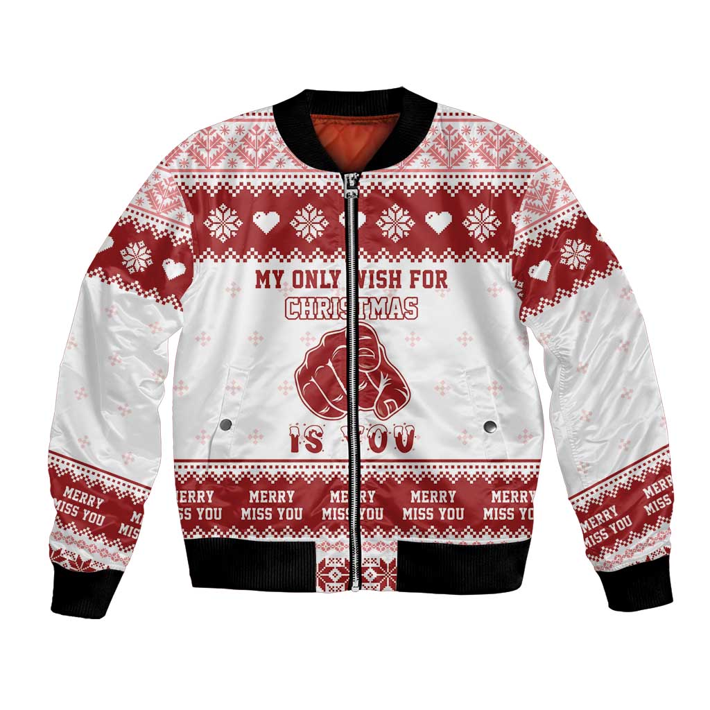 Unisex Christmas bomber jacket, red/white knit with front zipper and “My only wish” print