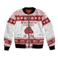 Unisex Christmas bomber jacket, red/white knit with front zipper and “My only wish” print