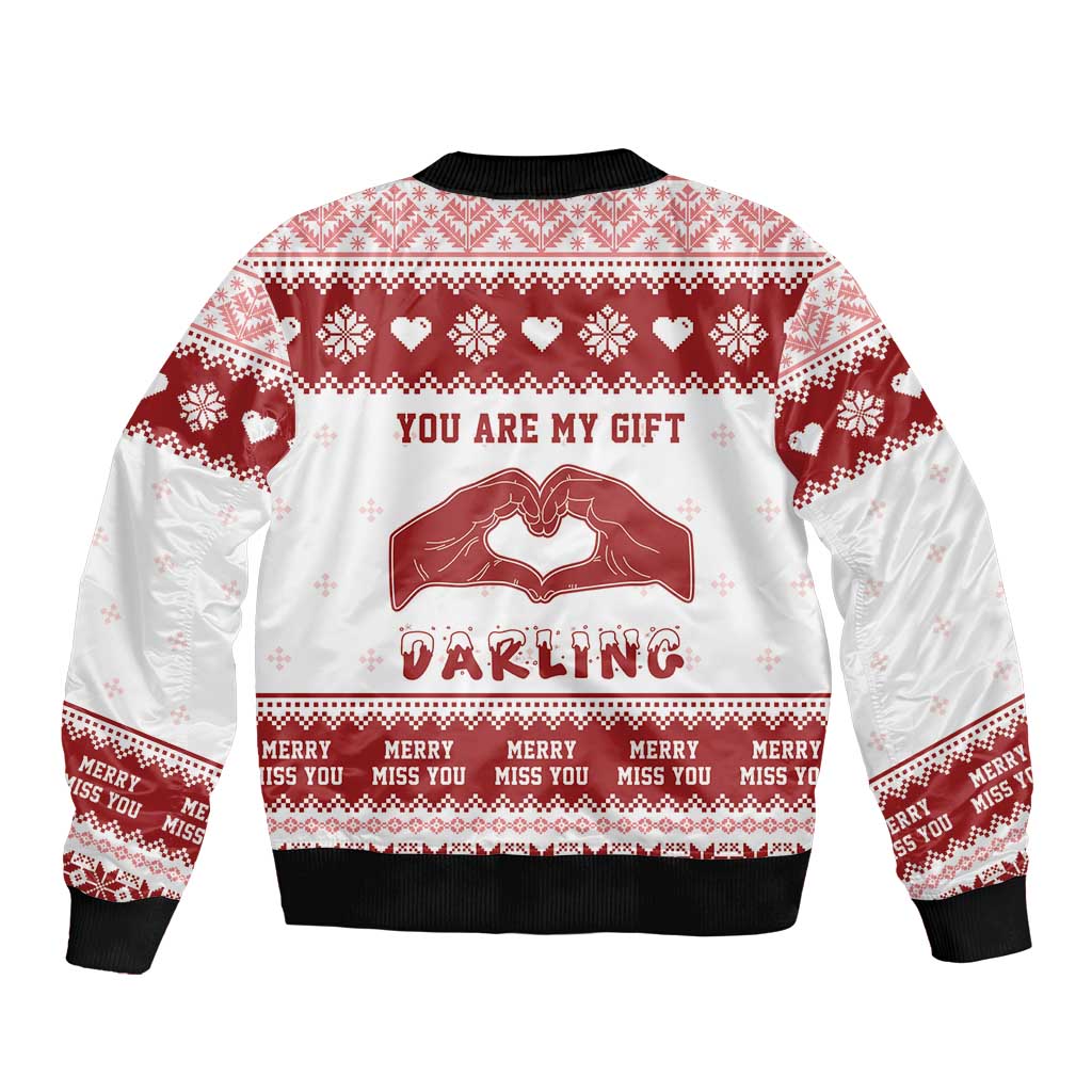 Unisex Christmas bomber jacket, back print “You are my gift Darling” on red/white knit