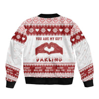 Unisex Christmas bomber jacket, back print “You are my gift Darling” on red/white knit
