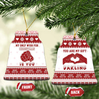 Red-and-white bell-shaped ceramic Christmas ornaments: “My only wish for Christmas is you” and “Darling”.