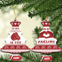Red-and-white heart ceramic Christmas ornaments with “My only wish for Christmas is you” and “You are my gift darling”.