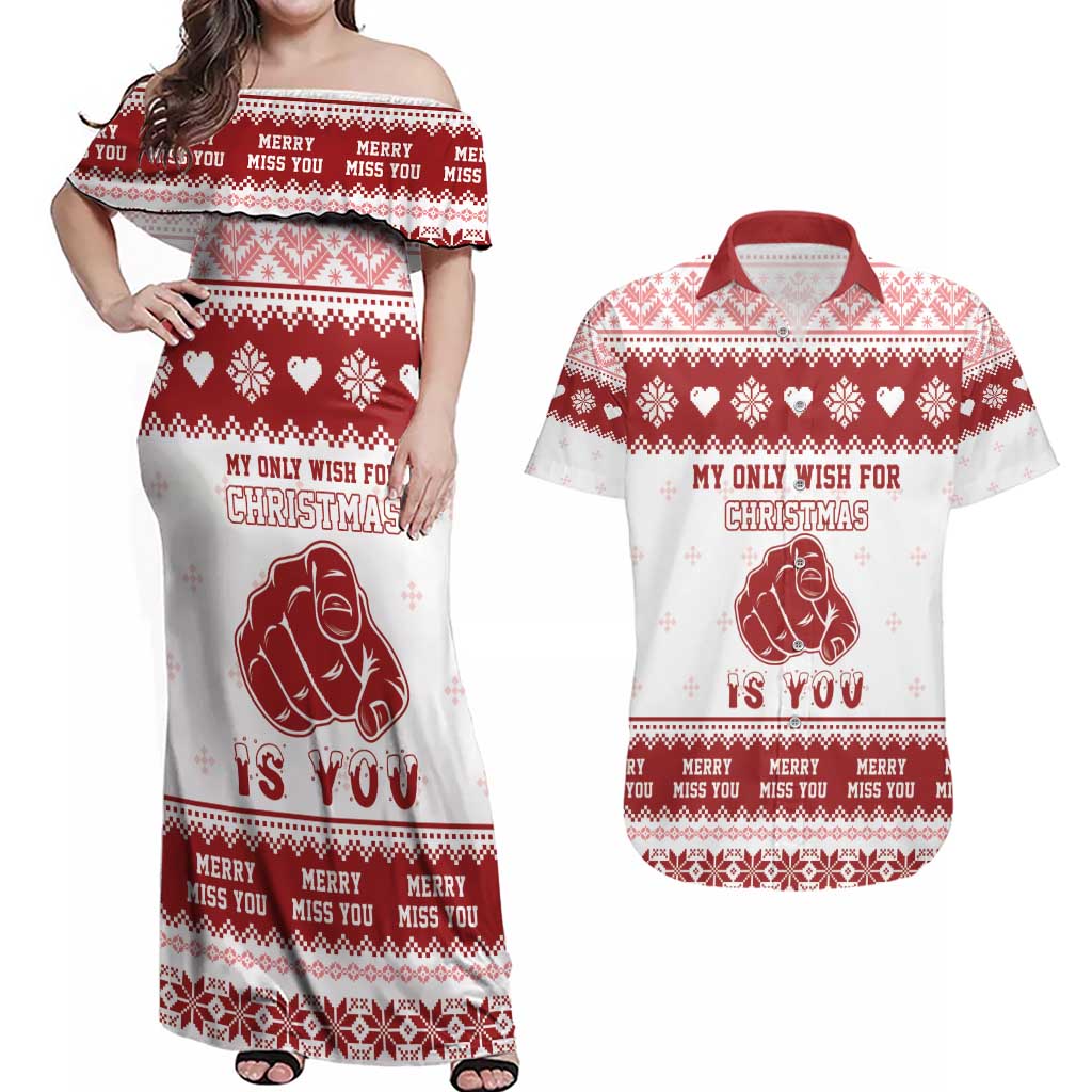 Romantic Christmas Couples Matching Off Shoulder Maxi Dress and Hawaiian Shirt My Only Wish For Xmas Is You LT05 - Wonder Print Shop