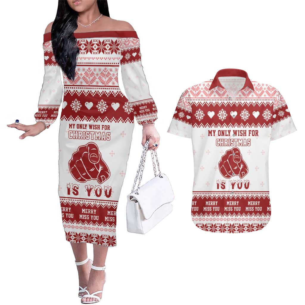 Romantic Christmas Couples Matching Off The Shoulder Long Sleeve Dress and Hawaiian Shirt My Only Wish For Xmas Is You LT05 - Wonder Print Shop