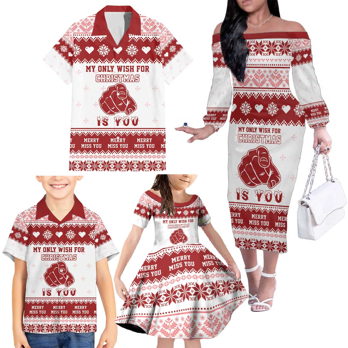 Romantic Christmas Family Matching Off The Shoulder Long Sleeve Dress and Hawaiian Shirt My Only Wish For Xmas Is You LT05 - Wonder Print Shop