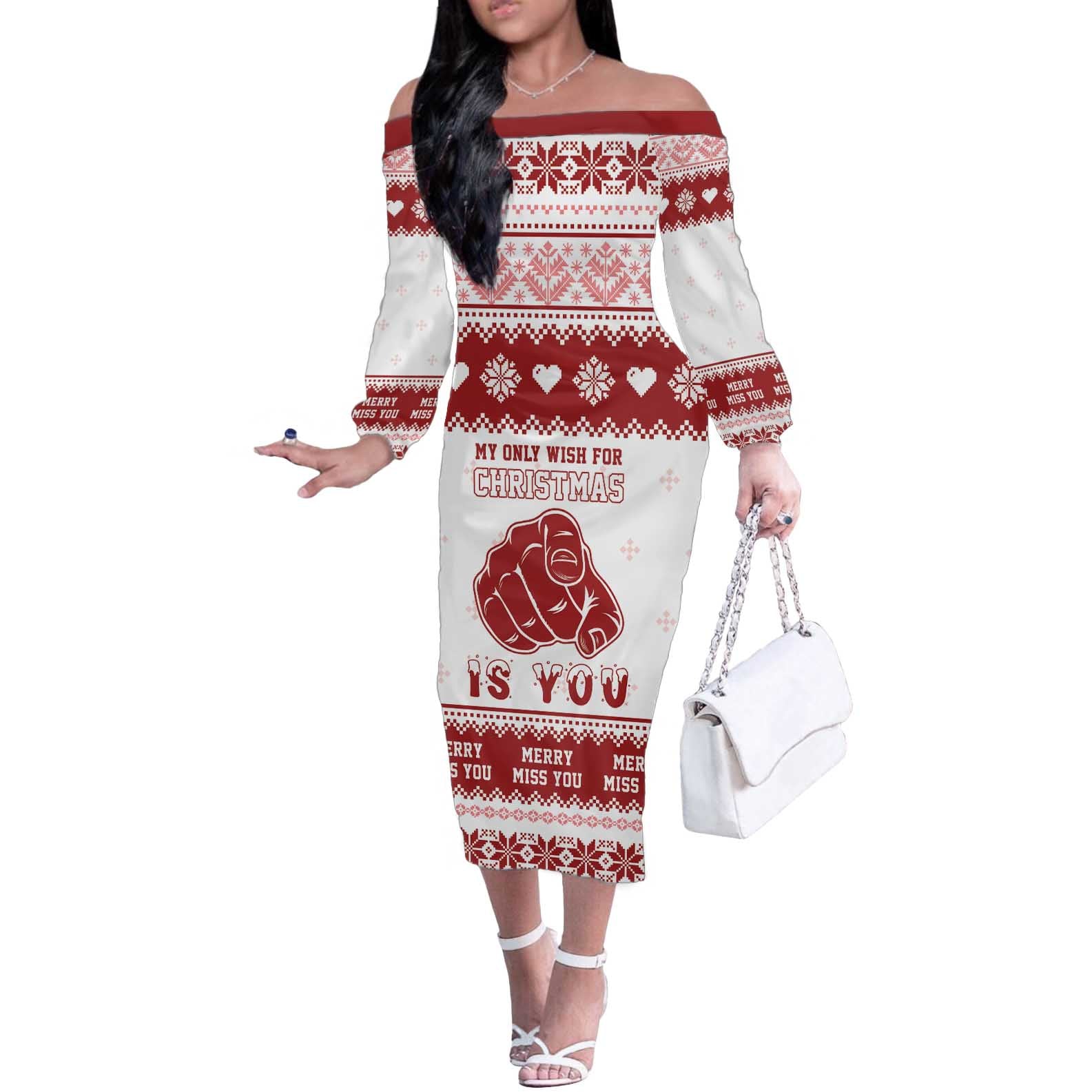 Romantic Christmas Off The Shoulder Long Sleeve Dress My Only Wish For Xmas Is You LT05 - Wonder Print Shop