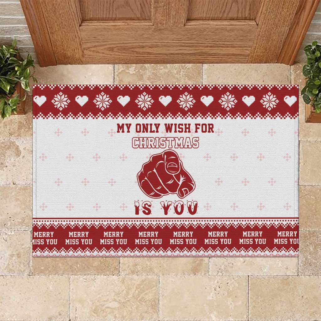Red and white rubber Christmas doormat with hearts and text “My only wish for Christmas”