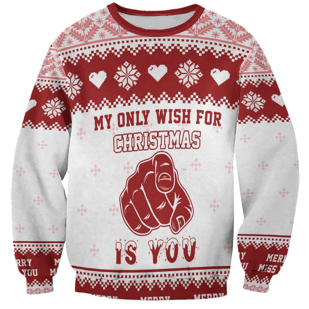 Unisex Christmas sweatshirt, red/gray, heart-hand graphic, 'My Only Wish for Christmas Is You'
