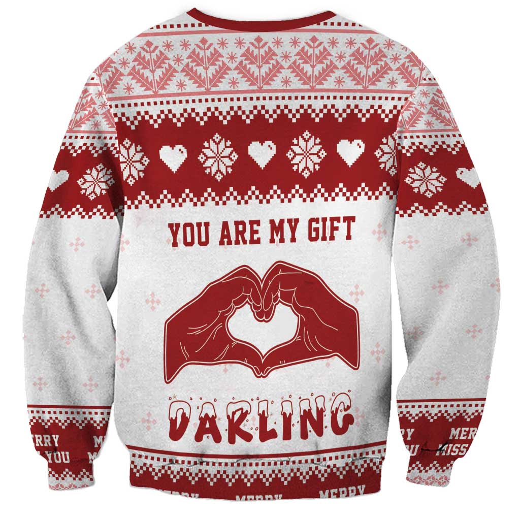 Unisex Christmas sweatshirt, red/gray, 'You Are My Gift Darling' with heart-hand graphic