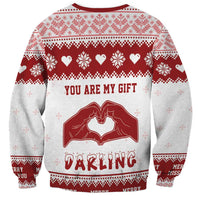 Unisex Christmas sweatshirt, red/gray, 'You Are My Gift Darling' with heart-hand graphic