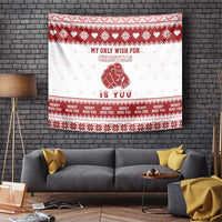 Red and white Christmas tapestry with pug graphic, hearts, and “My only wish for Christmas is you”
