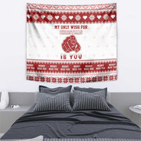 Red-and-white Christmas tapestry with pug graphic and “My only wish for Christmas is you” wording