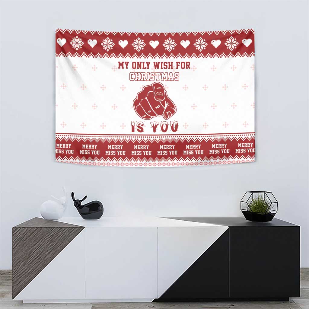 Red and white Christmas tapestry with pug graphic plus “Merry miss you” strip text