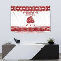 Red and white Christmas tapestry with pug graphic plus “Merry miss you” strip text