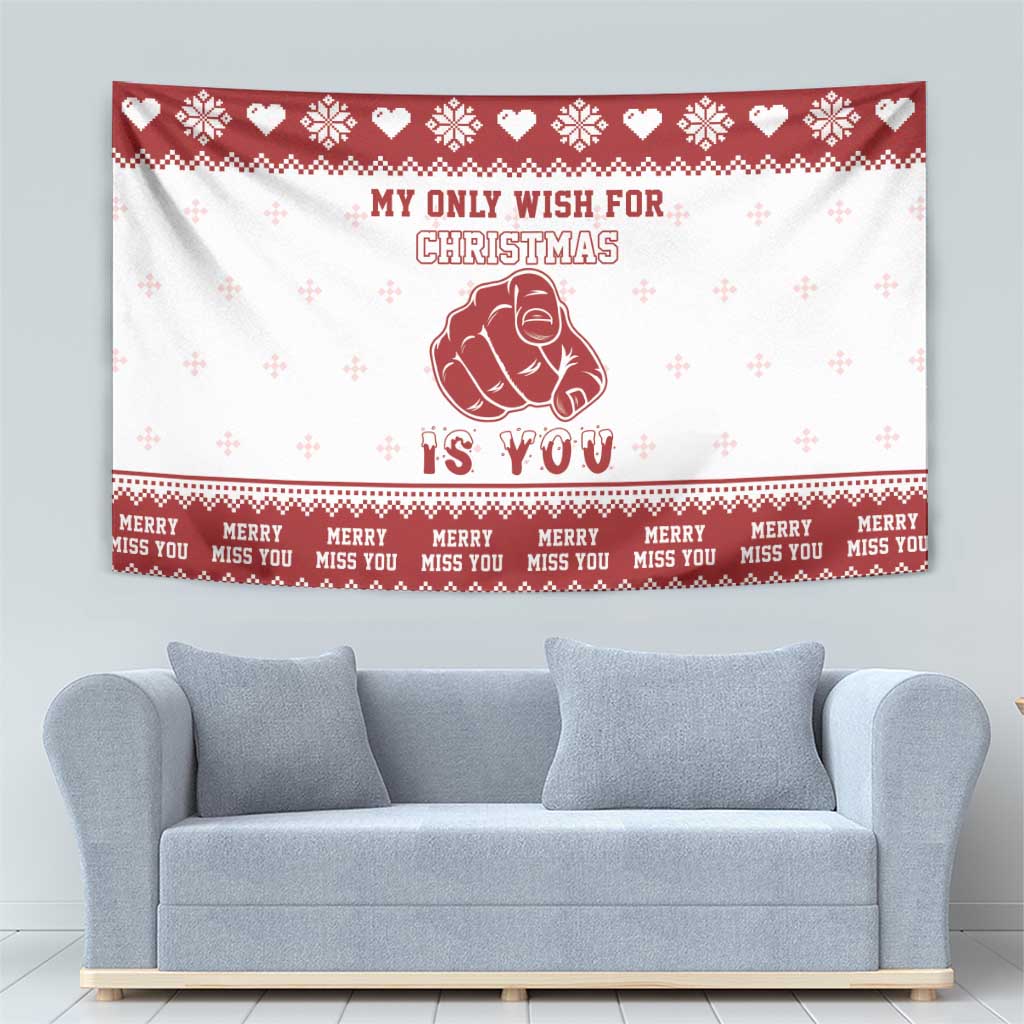 Red and white Christmas tapestry with pug graphic and “My only wish for Christmas is you” text