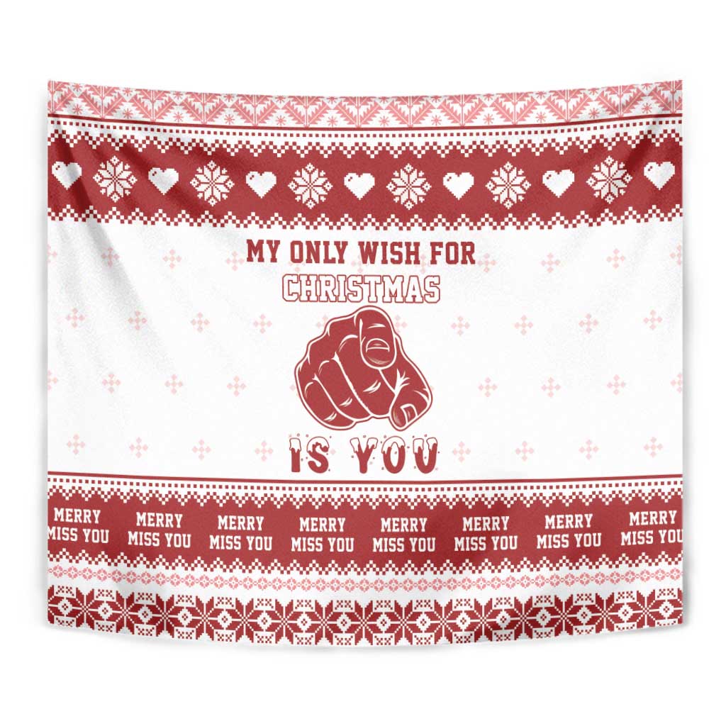 Red border Christmas tapestry with pug graphic and “My only wish for Christmas is you” quote