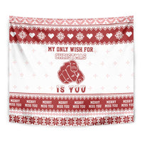 Red border Christmas tapestry with pug graphic and “My only wish for Christmas is you” quote