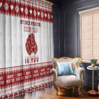 Christmas window curtain panel, red and white hearts with festive wording and character art