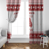 Christmas window curtain panels, red-and-white festive border with heart motifs and character art