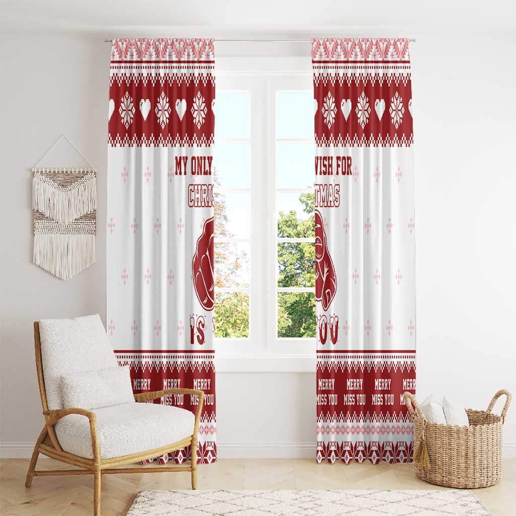 Christmas window curtain panels, red and white heart print with festive text and character figure