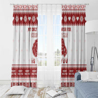 Christmas window curtain panels, red-and-white hearts and festive text with top header