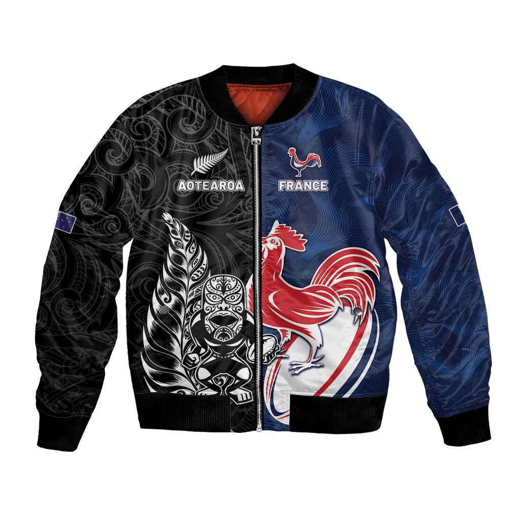 France And New Zealand Rugby Custom Bomber Jacket Les Bleus Rooster With Maori Tiki - Wonder Print Shop