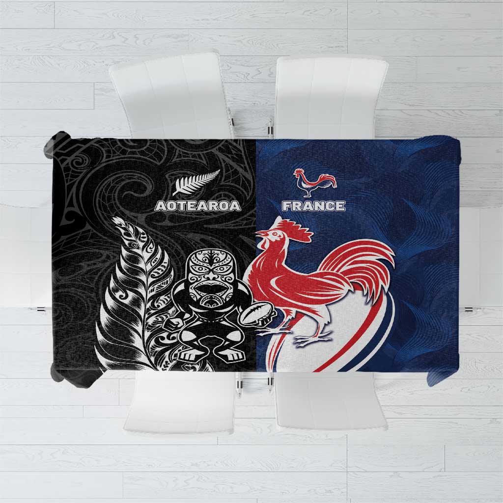 France And New Zealand Rugby Tablecloth Les Bleus Rooster With Maori Tiki - Wonder Print Shop