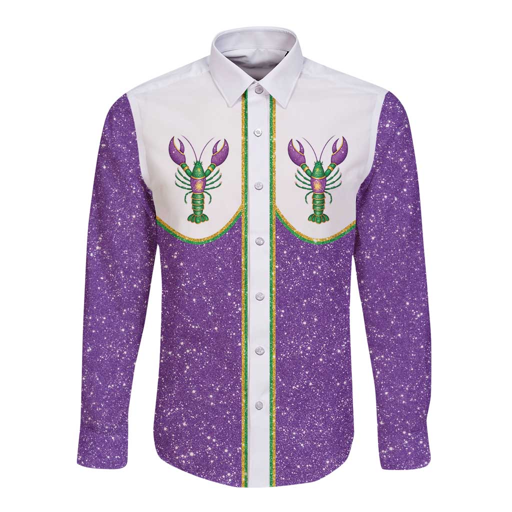 Mardi Gras Crawfish Long Sleeve Button Shirt Western Yoke Glitter Style