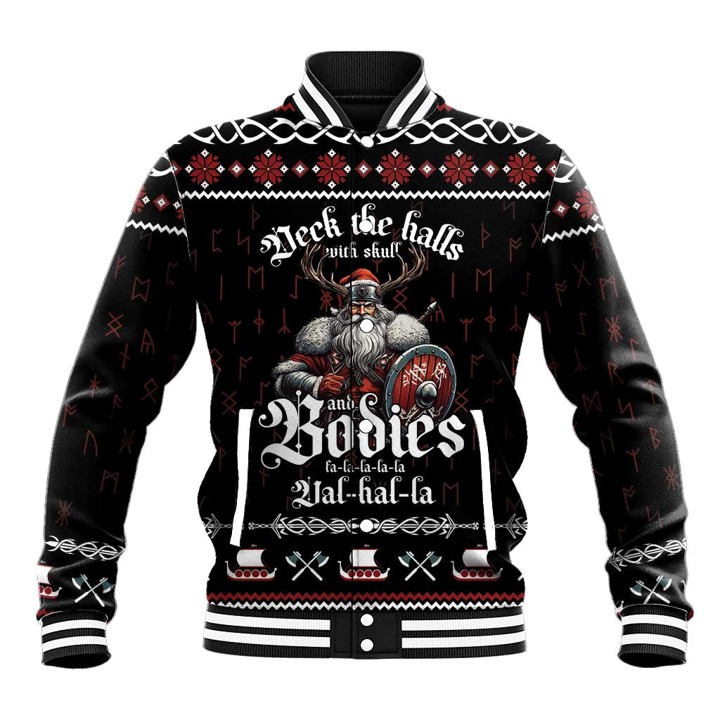 Black baseball jacket with Viking skull graphic and holiday Fair Isle trim