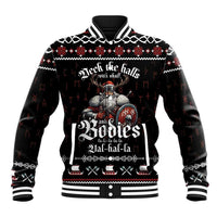 Black baseball jacket with Viking skull graphic and holiday Fair Isle trim