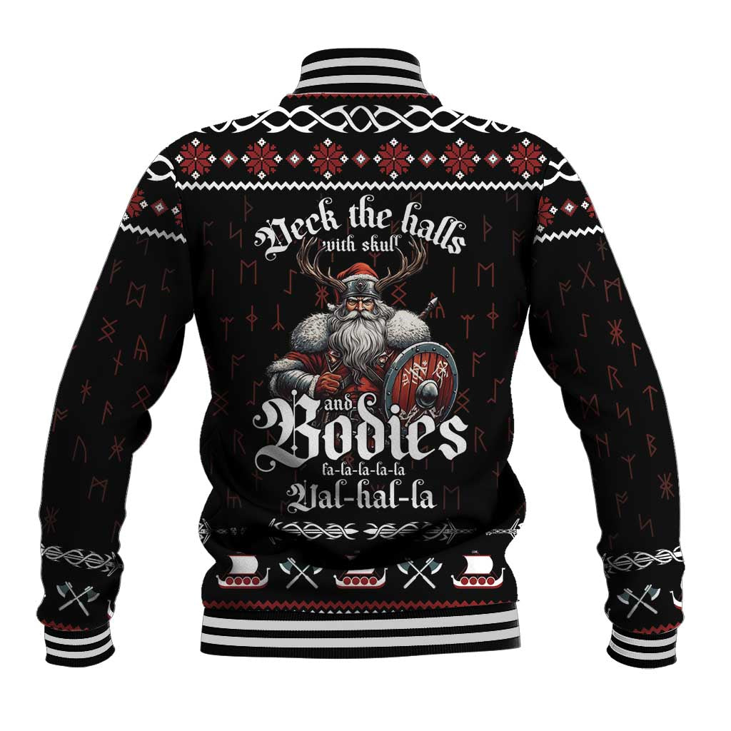 Black baseball jacket back with Viking skull graphic, striped rib cuffs and hem