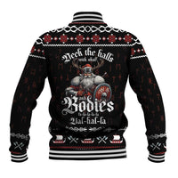 Black baseball jacket back with Viking skull graphic, striped rib cuffs and hem