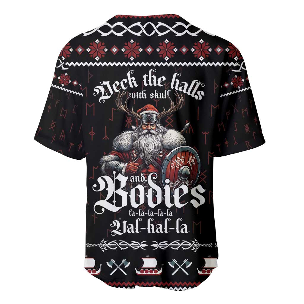 Black short-sleeve baseball jersey with Neck the halls Viking text and Nordic border